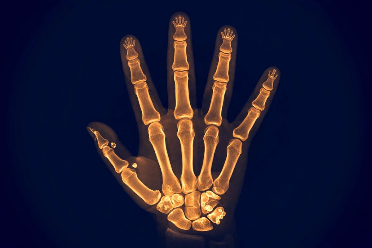 Scientific illustration of tiny bones on a deep navy background