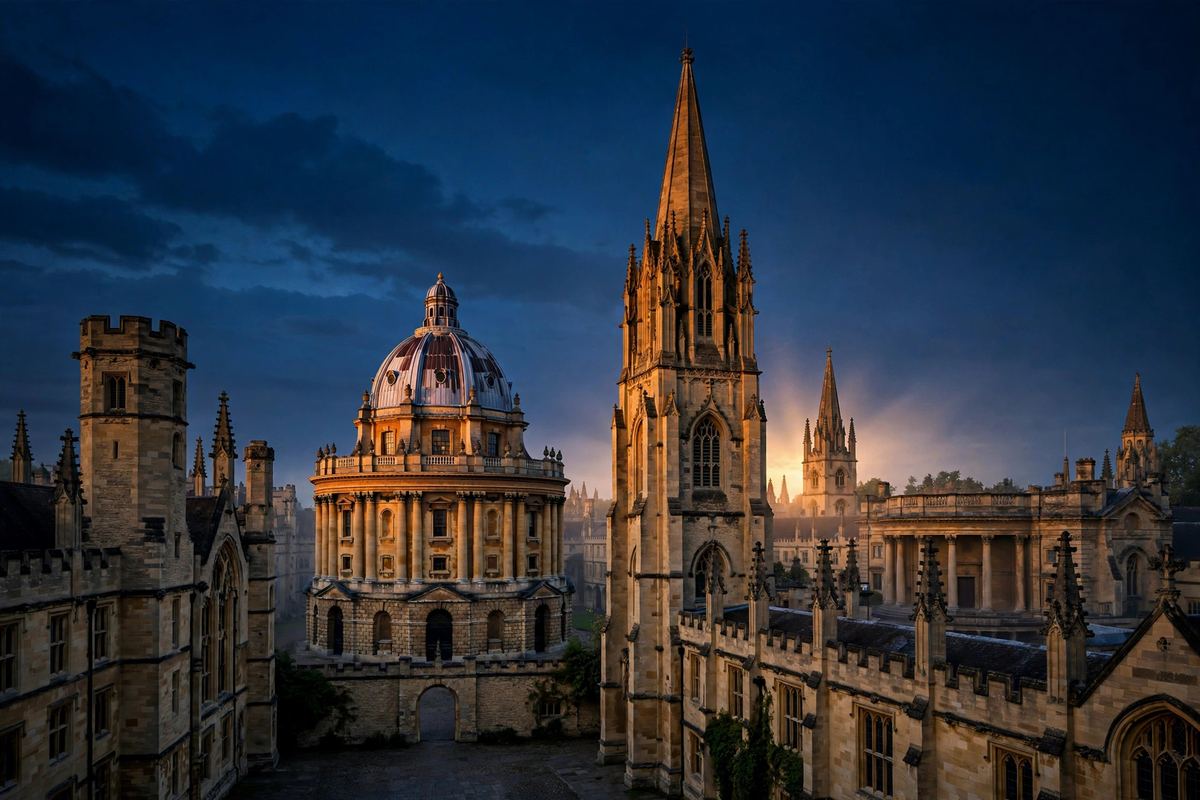 Historic Oxford University towers glowing at golden hour